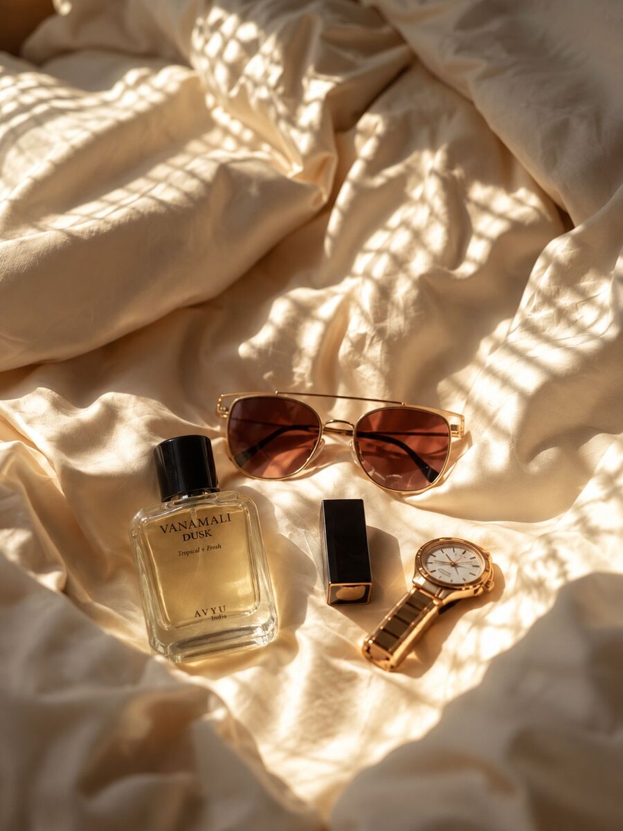 Vanamali Dusk perfume arranged with sunglasses, lipstick and a watch on warm fabric