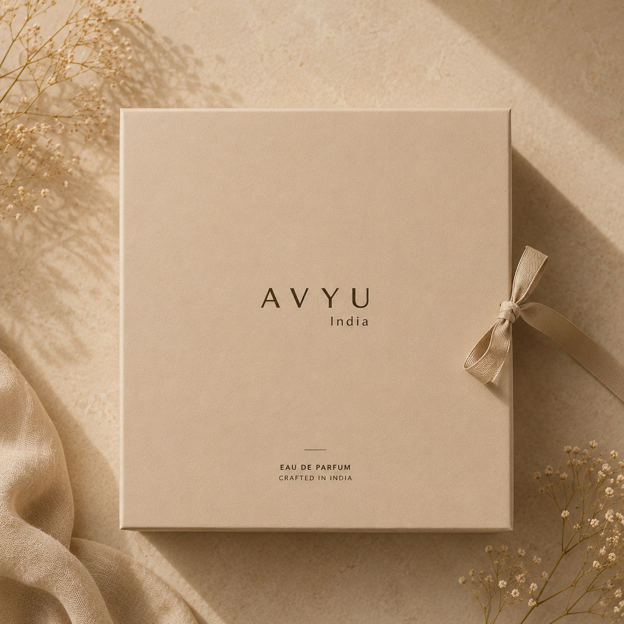 AVYU India fragrance gift box styled with ribbon, fabric and dried flowers